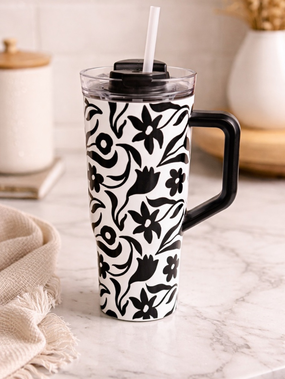 40oz Black White Floral Tumbler Handle Straw Insulated Travel Cup Stanley Style